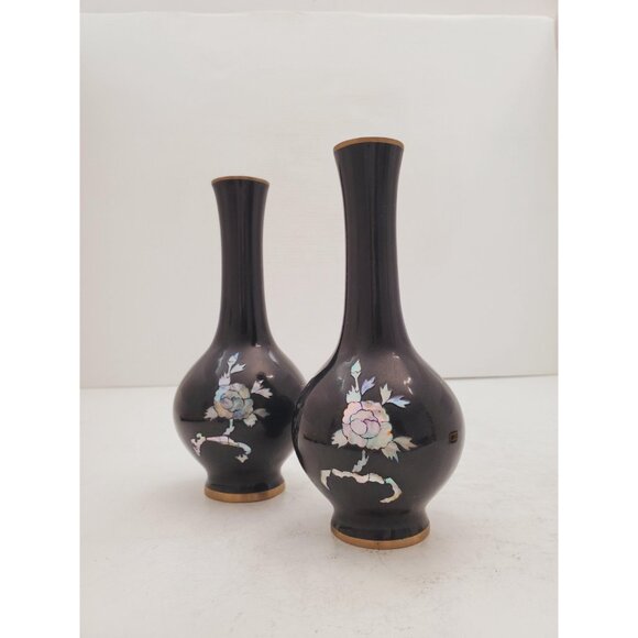 Vintage Black Enameled Bronze Vase with Pearl Decoration, Black Lacquer Painted - Picture 2 of 10
